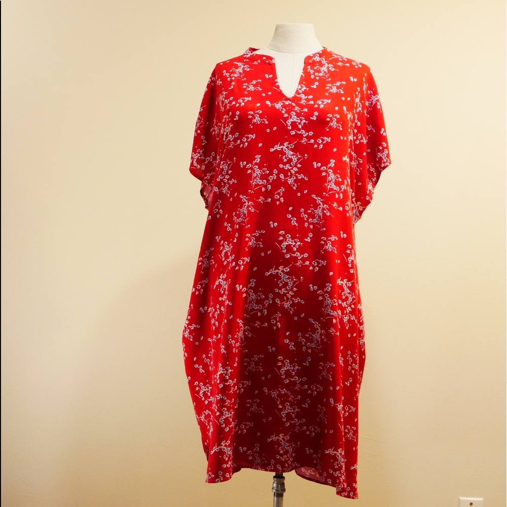 Red Floral Casual Dress WITH pockets